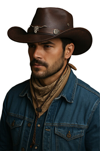 CosmoOutlet Men's Brown Faux Leather Adjustable Cowboy Hat