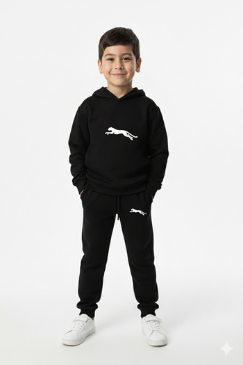 Let's Wear Running leopard print kids' hooded premium compact sweatshirt tracksuit set with pockets and drawstring.