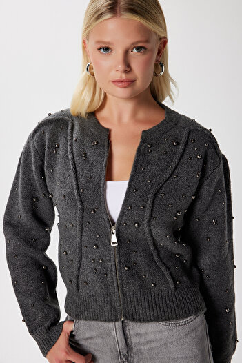 Ritnice Pearl Mont Look Pearl-Studded Anthracite Cardigan