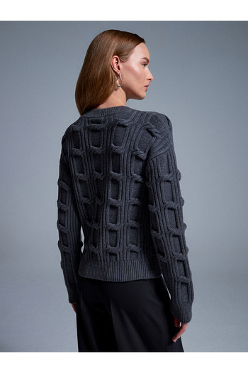 Dilvin 10825 Embossed Detailed Knitwear Sweater-Smoked M.