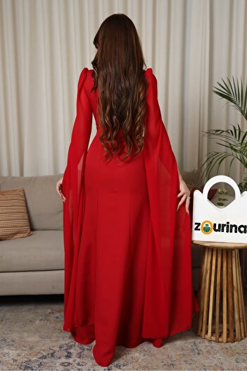 zourina Women's red crepe embroidered evening dress with beads
