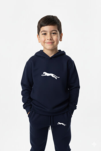 Let's Wear Running leopard print kids' hooded premium compact sweatshirt tracksuit set with pockets and drawstring.