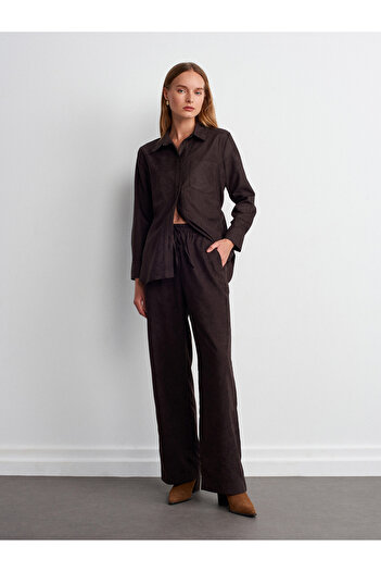 Dilvin 72164 Elastic Waist Suede Trousers-Dark Brown