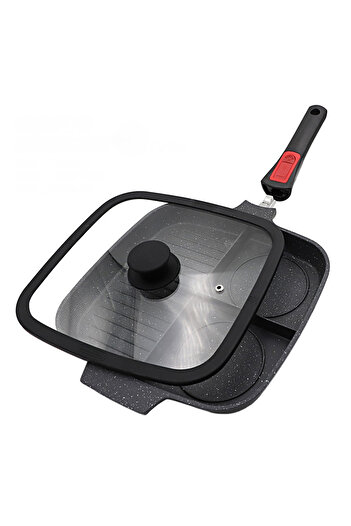Grill 3 Section Frying Pan – Non-Stick Aluminum Glass Lid with Silicone Removable Handle