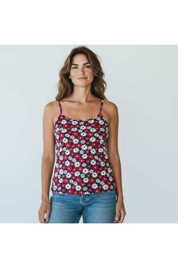 ESTA STORE Navy Blue Red White Floral Patterned Strap Tank Top