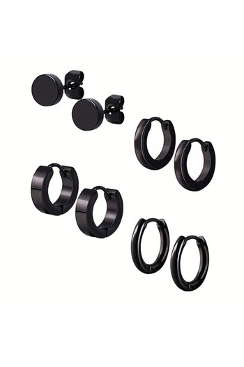 Choice Black Stylish Men's 4-Pair Earring Set - Black Stainless Steel Studs & Hoops, Durable, Versatile & A