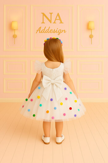 NA ADDESIGN White Sequin Top Colorful Pompom Detailed Tutu Dress – Custom Made Fun Princess Model