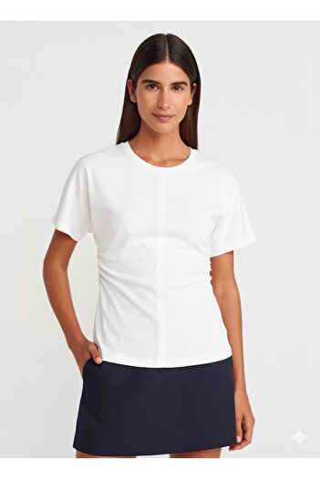Dilvin 31585 Drape Detailed T-Shirt-White