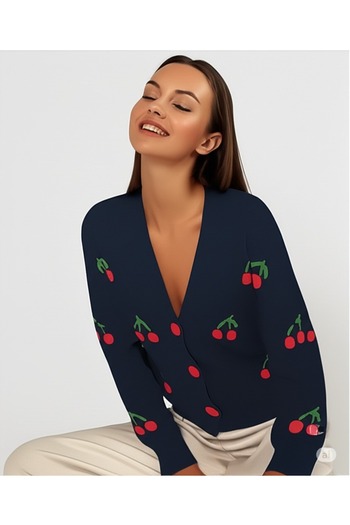 Erşan Giyim Women's Trend Popular Cherry Detail Navy Blue Knitwear Cardigan