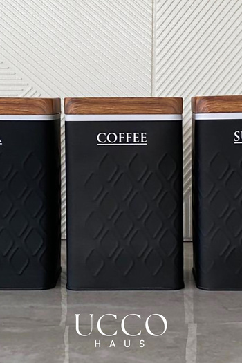 UCCO 3-Piece Rectangular 1.6 Liter Black Metal Tea Coffee Sugar Storage Container Jar Food Storage Container - 18 X 11 cm
