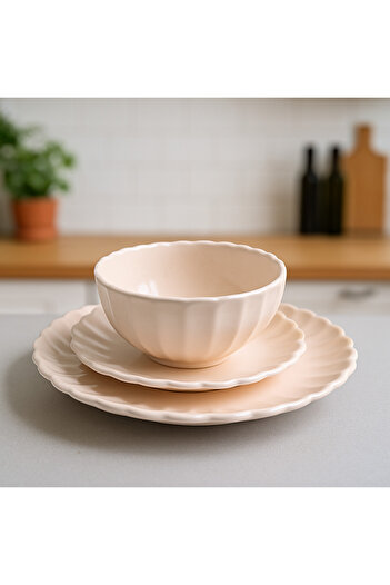 OEM 18-piece dinnerware set, for 6 people, Ceramic, modern design, petal shape, color Dusty pink