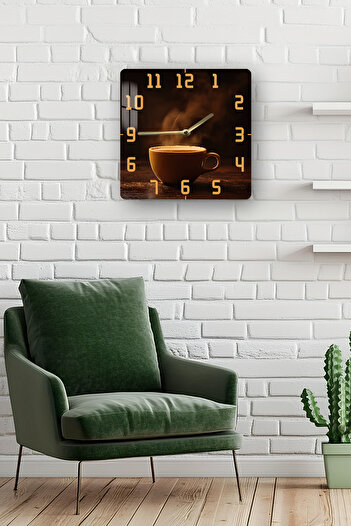 kutuTR Coffee Cup Themed Tempered Glass Square Clock 33X33 cm Size Uv Printing - Kcs018