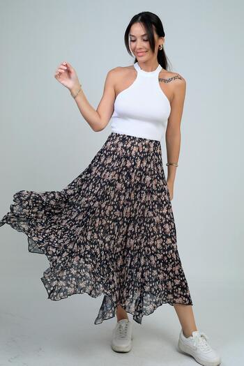 By Saygı Women's Elastic Waist Lined Mini Floral Midi Crinkle Triangle Skirt
