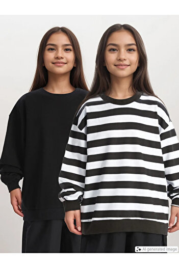 LC Waikiki LCW Kids Черна блуза с дълъг ръкав и обло деколте за момичета, 2 броя в пакет