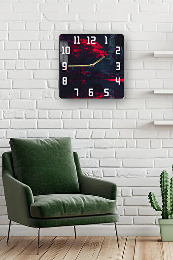 kutuTR Red Tree Themed Tempered Glass Square Clock 33X33 cm Size Uv Printing - Kcs025
