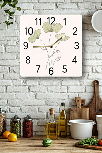 kutuTR Minimal Flower Pattern Tempered Glass Square Clock 33X33 cm Size Uv Printing - Kcs011