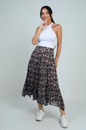 By Saygı Women's Elastic Waist Lined Mini Floral Midi Crinkle Triangle Skirt