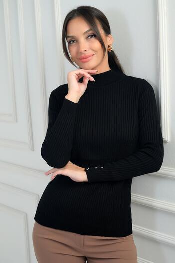 By Saygı Women's Turtleneck Basic Ribbed Sleeves Button Detailed Sweater