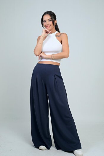 By Saygı Women's Elastic Waist Pocketed Pleated Front Wide Leg Pants