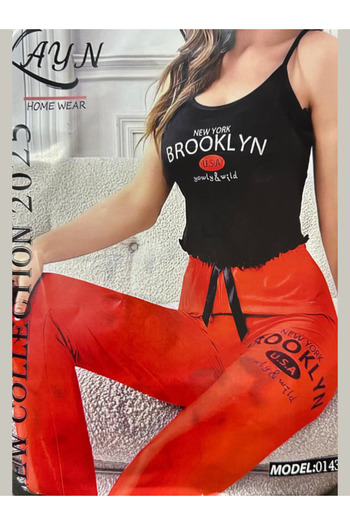 Nice Model Women's Brooklyn Print Strappy Tank Top Elastic Waist Pants Two Piece Homewear Loungewear Set
