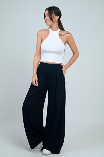 By Saygı Women's Elastic Waist Pocketed Pleated Front Wide Leg Pants