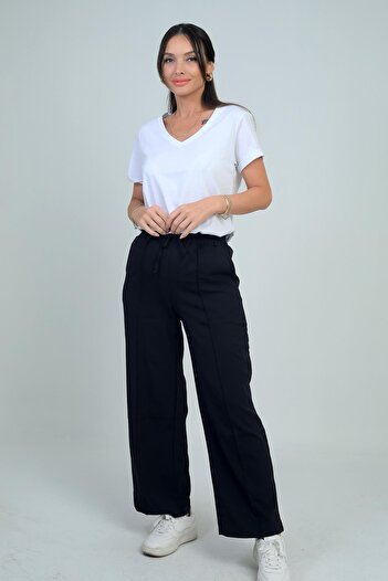By Saygı Women's Elastic Waist Lace-Up Side Pocket Palazzo Pants