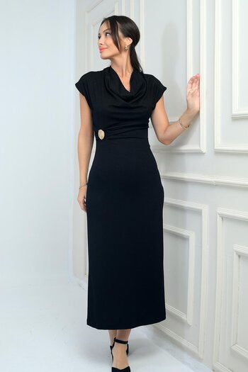 By Saygı Women's Degaje Collar Buckle Detailed Lycra Long Dress
