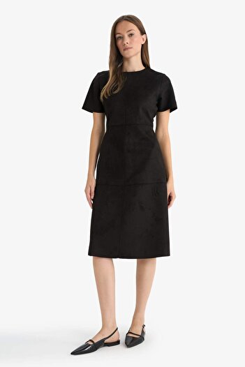 DeFacto A-Line Round Neck Suede Short Sleeve Midi Dress G1130Ax25Wn
