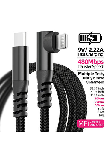 Choice 3M 1PC Black LAIHONEN MFI Certified 20W Fast Charging Cable for Iphone L Shaped 90 Degree Type C to