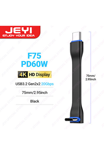 JEYI 7.5cm Black 20Gbps 90° USB Cable C to C PD 3A 60W 75MM Mobile Power USB-C Cable for Charging Ba