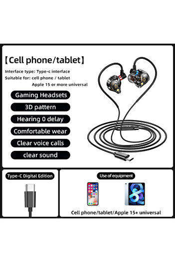 Choice type C NEW 8D Surround Sound Gaming Earphones Type C&3.5mm Wired In Ear Earbuds Headphones Sports Ga