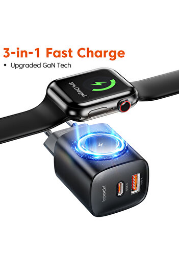 Toocki Black 3-in-1 GaN USB Fast Charge Portable Type C Charger for iPhone OPPO Magnetic Suction Des