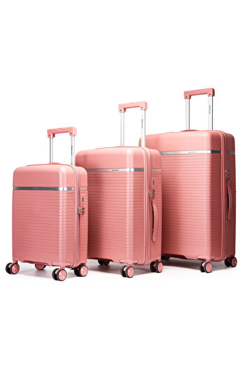 British Traveller 3-Piece Polypropylene Luggage Set | 20”, 24”, 28” Lightweight Suitcases - Pink