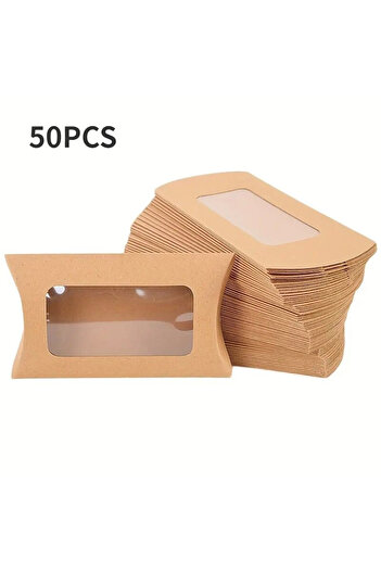 Choice 50PCS Brown 50PCS Pillow Shape Candy Box with Window Wedding Christmas Kraft Paper Cookie Gift Packa