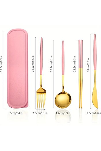 Choice Pink Stainless Steel Cutlery Set With Storage Box 4 Counts Portable Tableware Set For Home Kitchen D