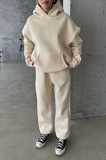 CMZ COLLECTİON Kadın Oversize 3 İplik Polar Sweat Eşofman Takımı - Kapüşonlu Rahat Kalıp (17 Renk Seçeneği)