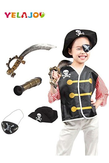 COOYA 4PCS Pirate Costume for Kids,Pirate Hat,Eyepatch,Pirate Cutlass, Children's Dress Up Play Costume