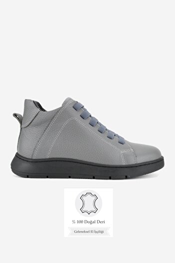 TUNAELLİ Women's Gray Nubuck Genuine Natural Leather Short Flat Heel Boots & Booties