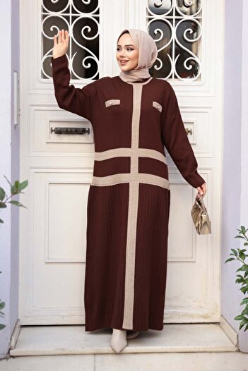 N.S NEVA STYLE Brown Knitwear Hijab Dress 27503Kh