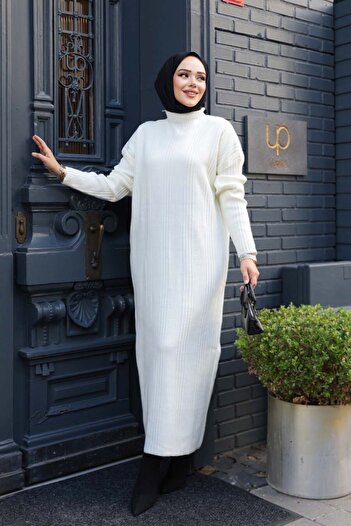 N.S NEVA STYLE Ecru Knitwear Hijab Dress 27504E