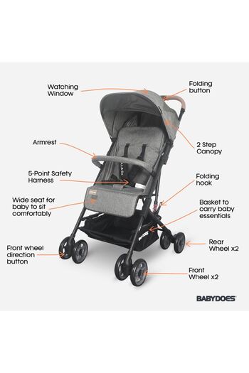 Babydoes OLLA CX - Baby Stroller, 5-Point Harness, One-Hand Fold, 0-4 Years (Up to 20 kg) - Grey