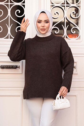 N.S NEVA STYLE Dark Brown Hijab Knitwear Sweater Tunic 55551Kkh