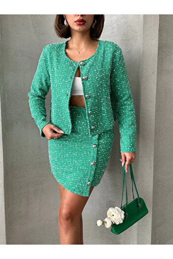 Işıltı kidss Jacket and skirt set chl fabric green h24443