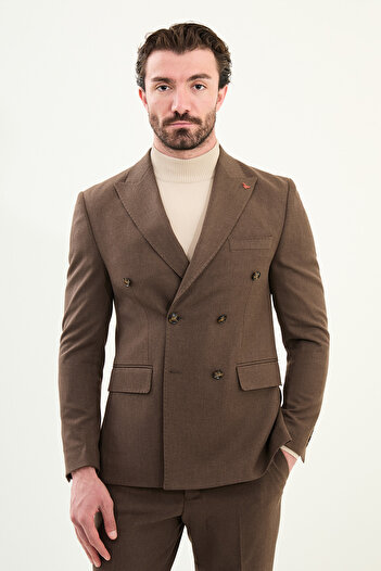 Mcr Straight Slim Fit Wide Collar Punto Stitching Double Breasted Men's Suit Coffee - 45421.25K