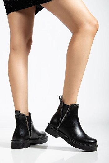 Budi 02-02 Black Wrinkled Patent Leather Elastic Daily Women's Boots with Stone Accessories