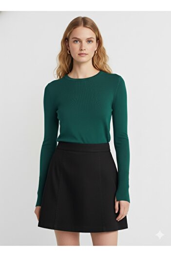 Dilvin 1267 Crew Neck Mid-Sleeve Sweater with Drop Detail - Dark Emerald (K.Zumrut)