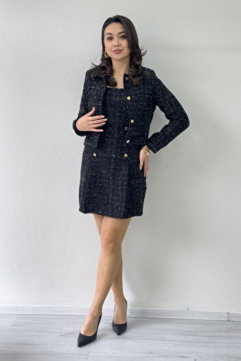 the ZKS Women's Button Detailed Jacket Dress Tweed Two-Piece Set Mink, Ecru, Black