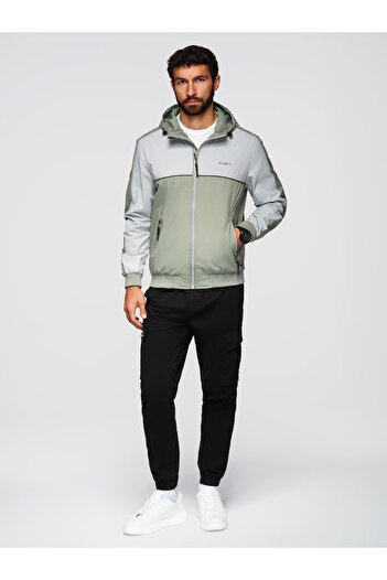 OMBRE Men's Contrast Windbreaker with Hood - Olive-Gray V3 OM-JANP-0228