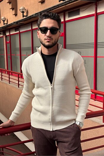 inpool Men'S, Stand-Up Collar, Zipper, Flexible Structure, Fitted Look Sweater, Cardigan Pltk14