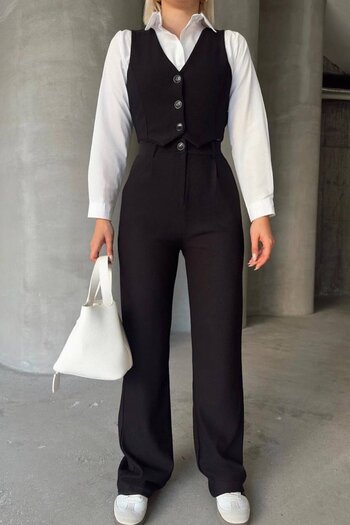 VAGGON Women's Black Buttoned Vest and Palazzo Pants Set Vs01370